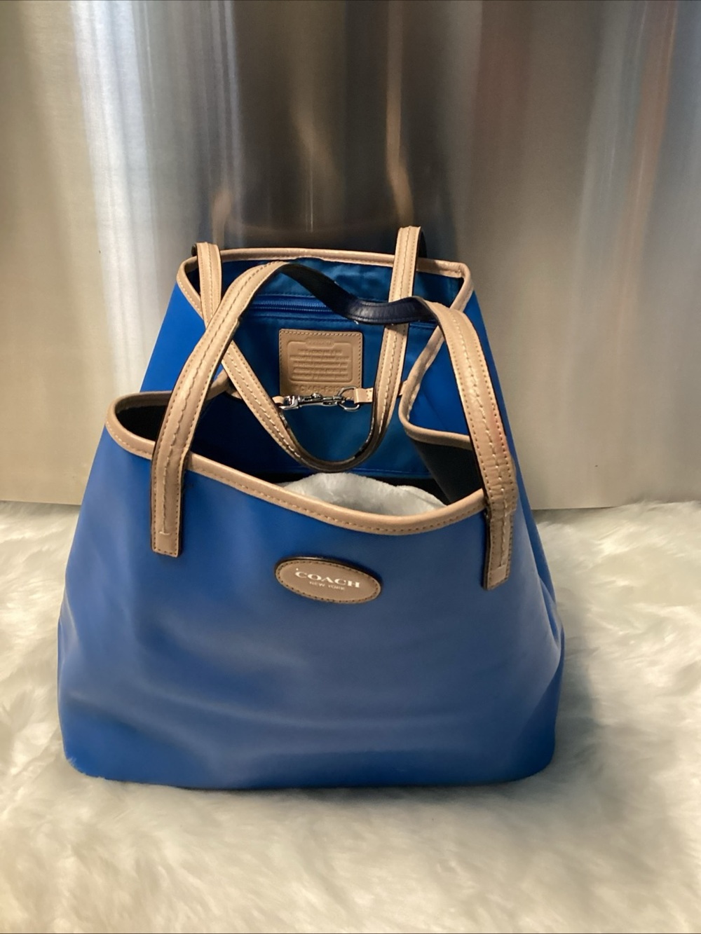 Coach Royal Blue Nylon Tote with Tan Trim